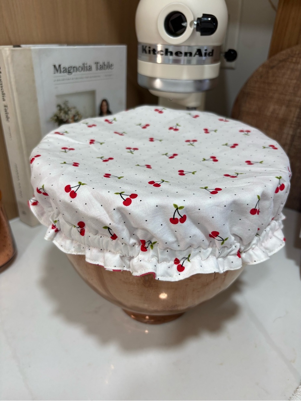KitchenAid White Cherry-Print Elastic Bowl Cover